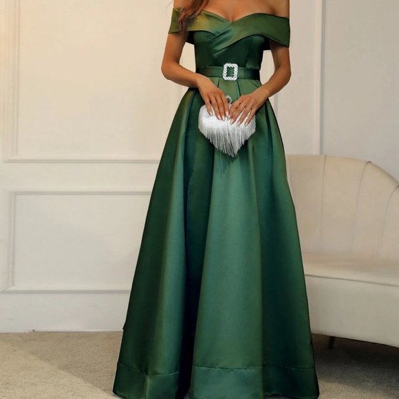 Emerald Preppy Womens Off Shoulder Boxy Pleated Split Thigh Prom Dress - Picture 4 of 5